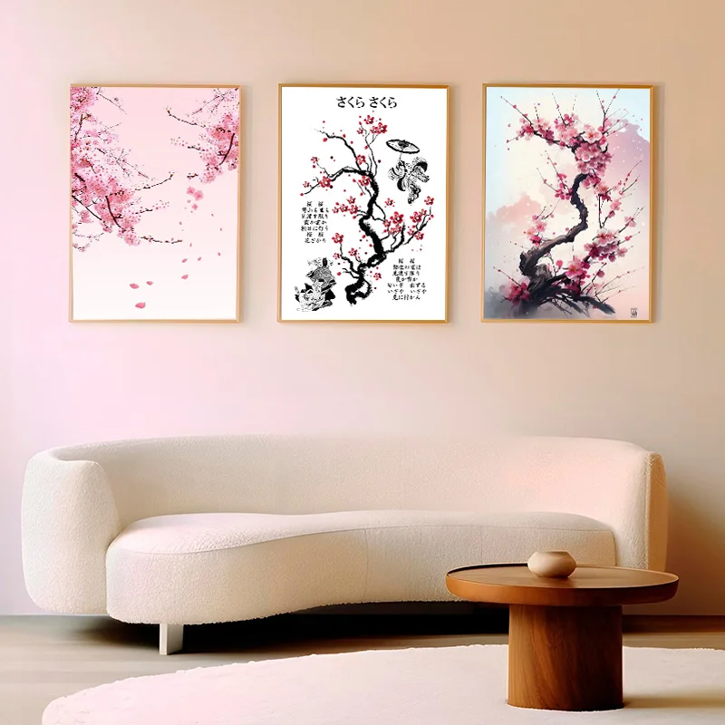 1pc frameless Japanese Cherry Blossom Vintage Posters Print Botanical Pattern Flower Canvas Paintings Aesthetic Wall Art Girl Dr