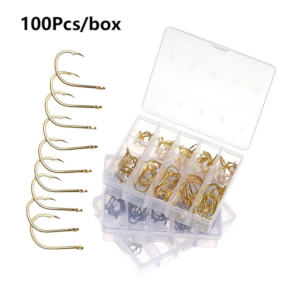 100Pcs 1 Box High Quality 10 Sizes 3# - 12# Fishook Durable Head Fish Bait Fishing Hooks