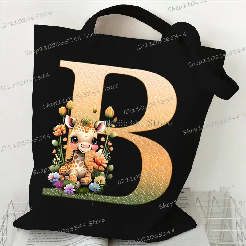 26 Giraffe Floral Alphabet Shoulder Bag Women High-capacity Shopping Bags Teen Cartoon Animal Letter A-Z Graphics Canvas Handbag