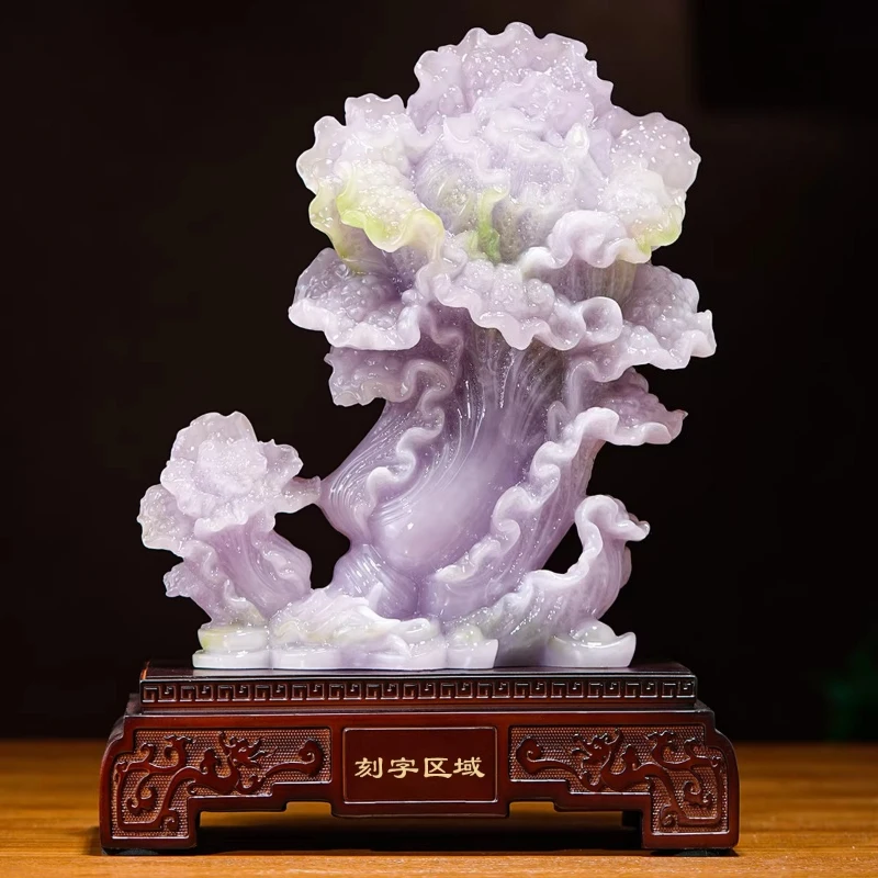 Jade Cabbage Sculpture for Wealth Fortune Lucky Prosperity Home Decor Elegant Office Crafts Display Living Room Entryway Statues