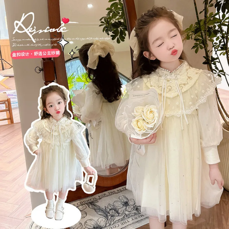 Girls' Small Buckle Dress Spring New Fashionable Chinese Style Baby Girl Spring Autumn Mesh Princess Dress