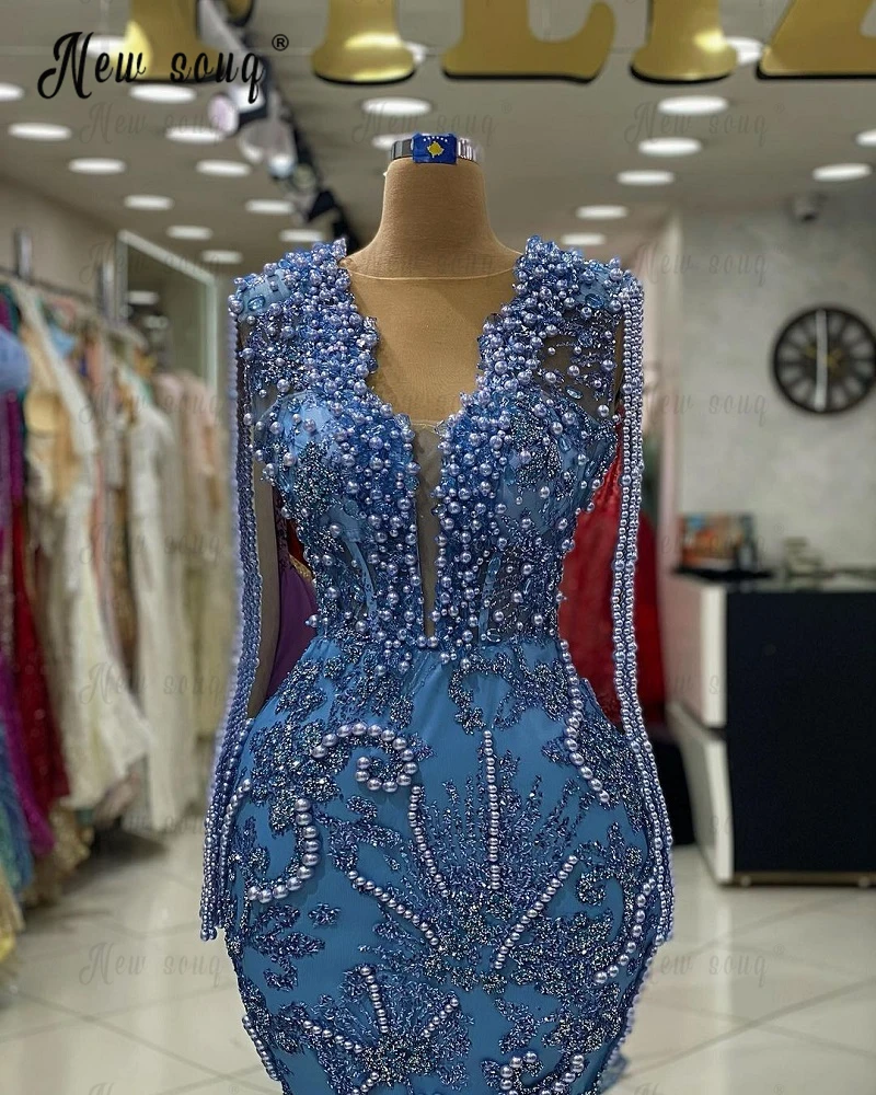 Vestido azul profundo com decote em V, recortado, borla de ombro, sereia longa, vestidos de casamento, perolização brilhante, vestido de baile, feito sob medida, 2023