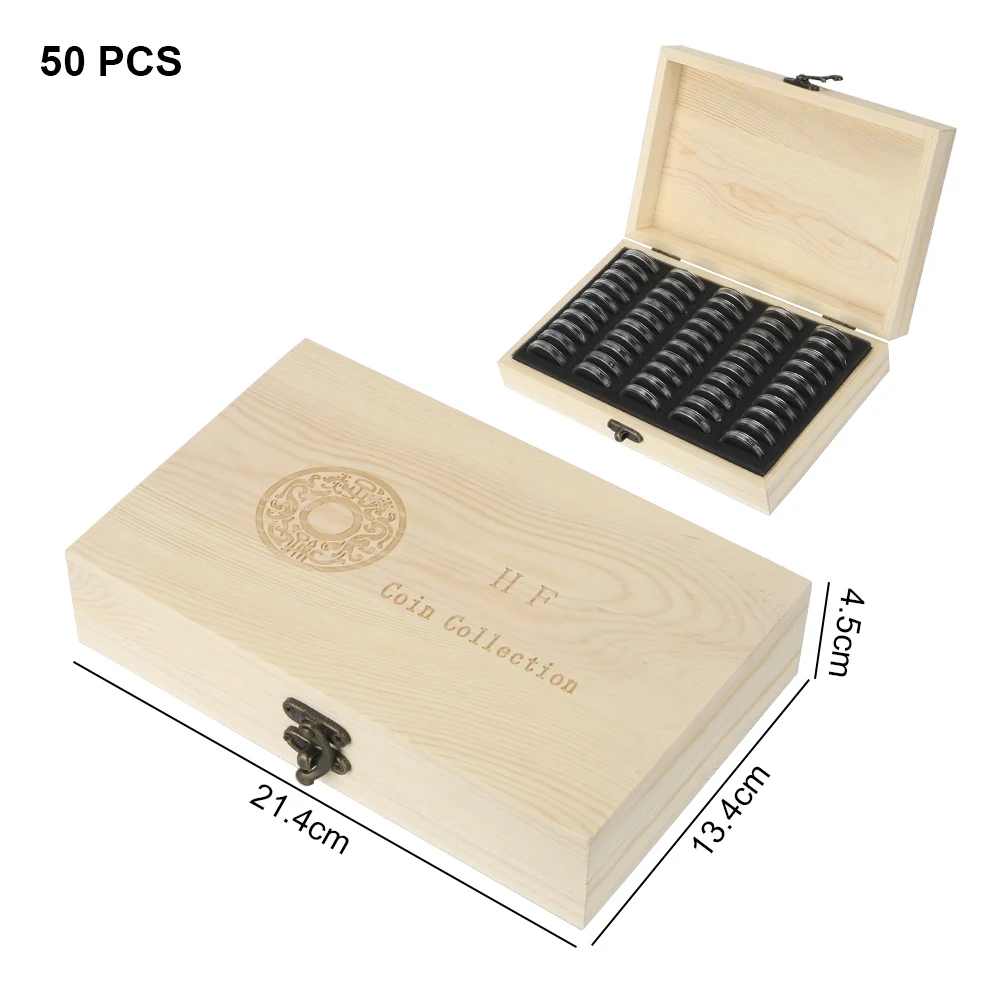 Coins Storage Box 20/30/50/100PCS Adjustable Antioxidative Wooden Commemorative Coin Collection Case with Adjustment Pad