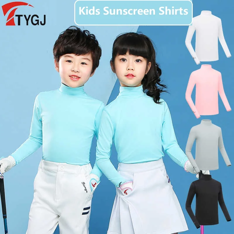 TTYGJ Kids Sunscreen Golf Sports Tops Long Sleeve Children Bottoming Shirts Moisture-Wicking Elastic T-shirt Anti-UV Sports Wear