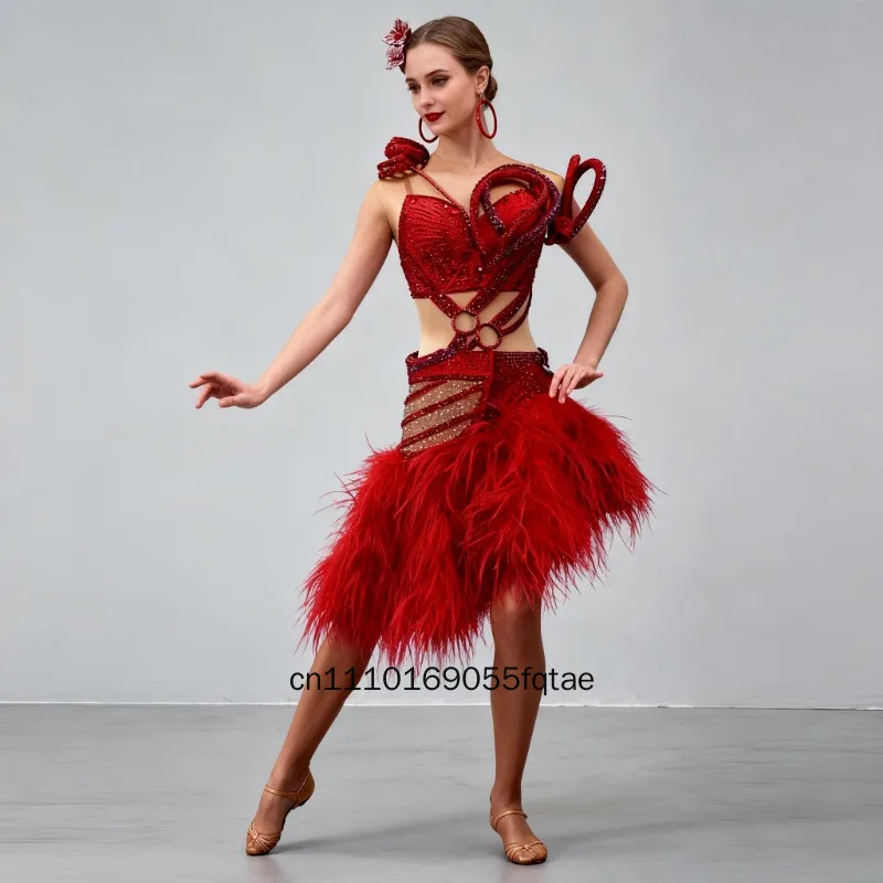 Women Full Diamond Ostrich Feather Skirt Latin Competition Dress Custom Latin Dance Costume Professional Ballroom Dancing Wear