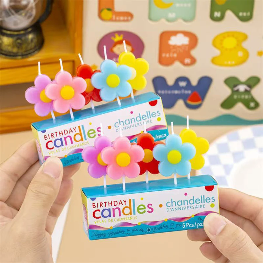 5 Stück bunte blumenförmige Kerzen für Mädchen, Geburtstagsparty, Kuchendekoration, niedliche Plugin-Kerzen – Detail 4