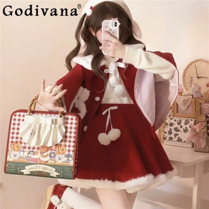 

Рождественская милая красная накидка в стиле Лолиты, шаль, зимняя новая женская милая милая теплая пончо с воротником из искусственного меха, комплект плюшевой юбки