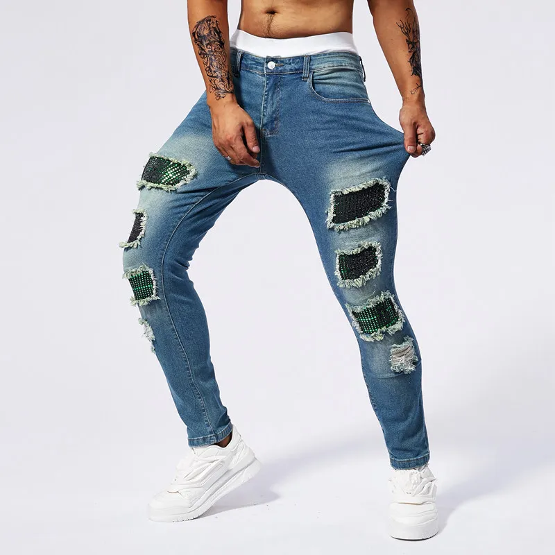 

Foreign Trade Elastic Skinny Ripped Men's Slim Small Feet Men's Casual Jeans Men's casual jeans
