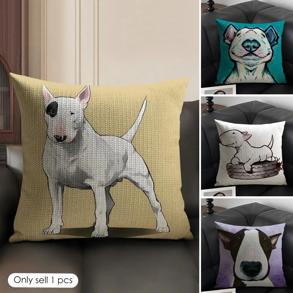 Cartoon Bull Terrier Series Cushion Cover Natural Linen Organic Fabric Double-Sided Printing Sofa Home Decor Gift Pillow Case