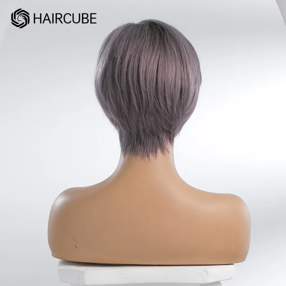 HAIRCUBE-Peluca de cabello humano con malla frontal para mujer, postizo corto con corte Pixie, color gris, acero, púrpura claro, Remy, 13x5x1