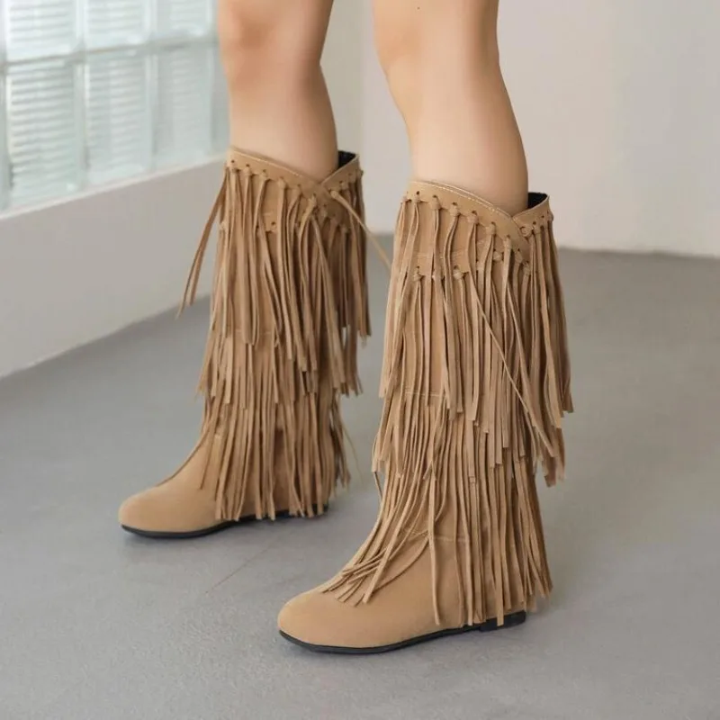 

Fashion Women's Boots Fashion Winter Modern Boots 3CM Flat Heels Autumn High-heeled Tassel Boots Ethnic Style Women Shoes 34-43