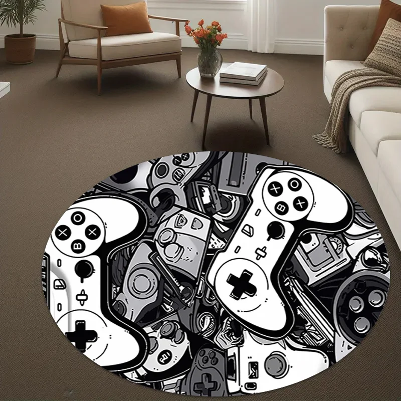 Retro Graffiti Game Controller Round Rug - 2D Printed Non-Slip Floor Mat for E-Sports Gamer Room & Bedroom, 1PC