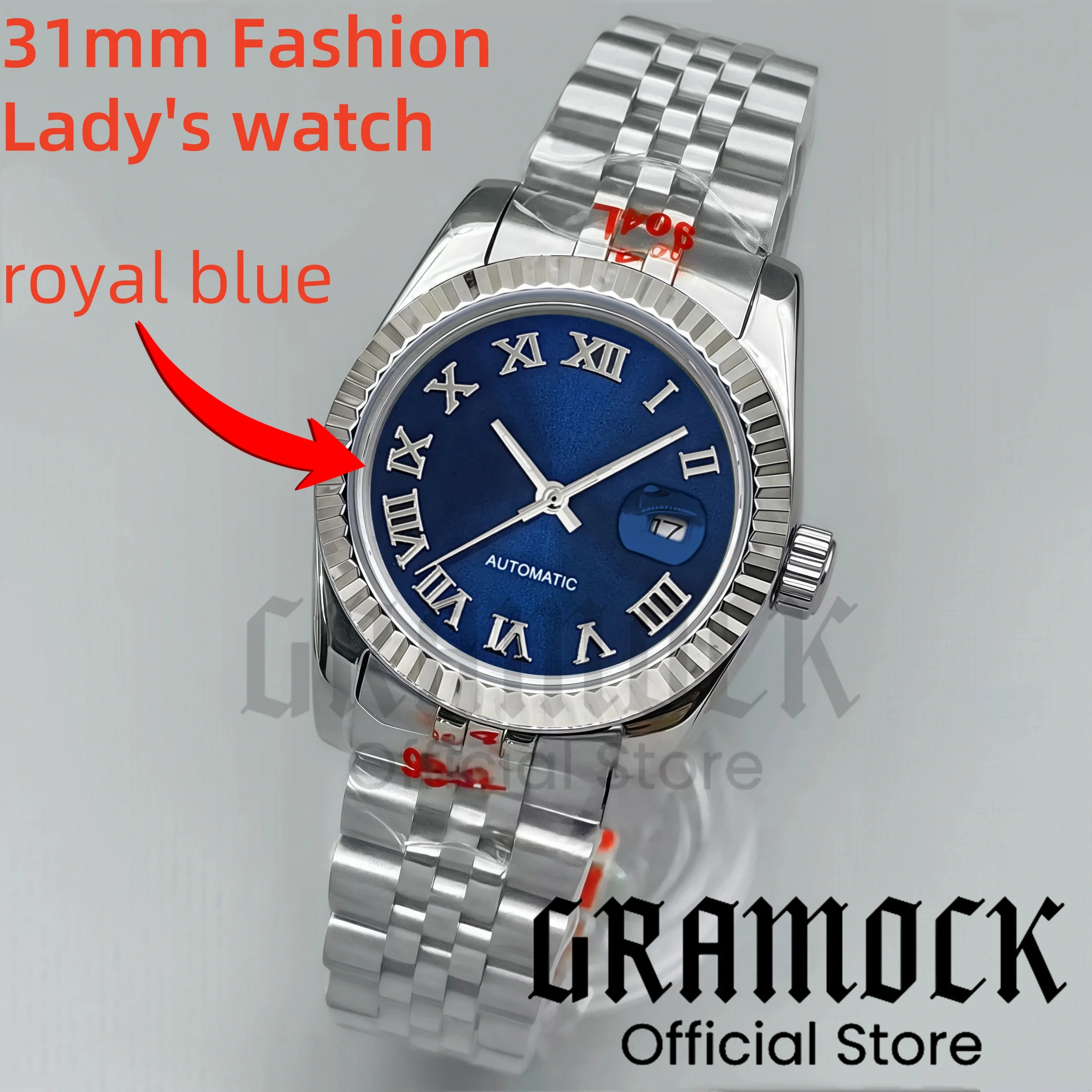 

Gramock 31mm High-Quality Women's NH05 Mechanical Wristwatch Sapphire Glass Roman Marks Sunburst Dial Tooth Bezel Watch For Lady