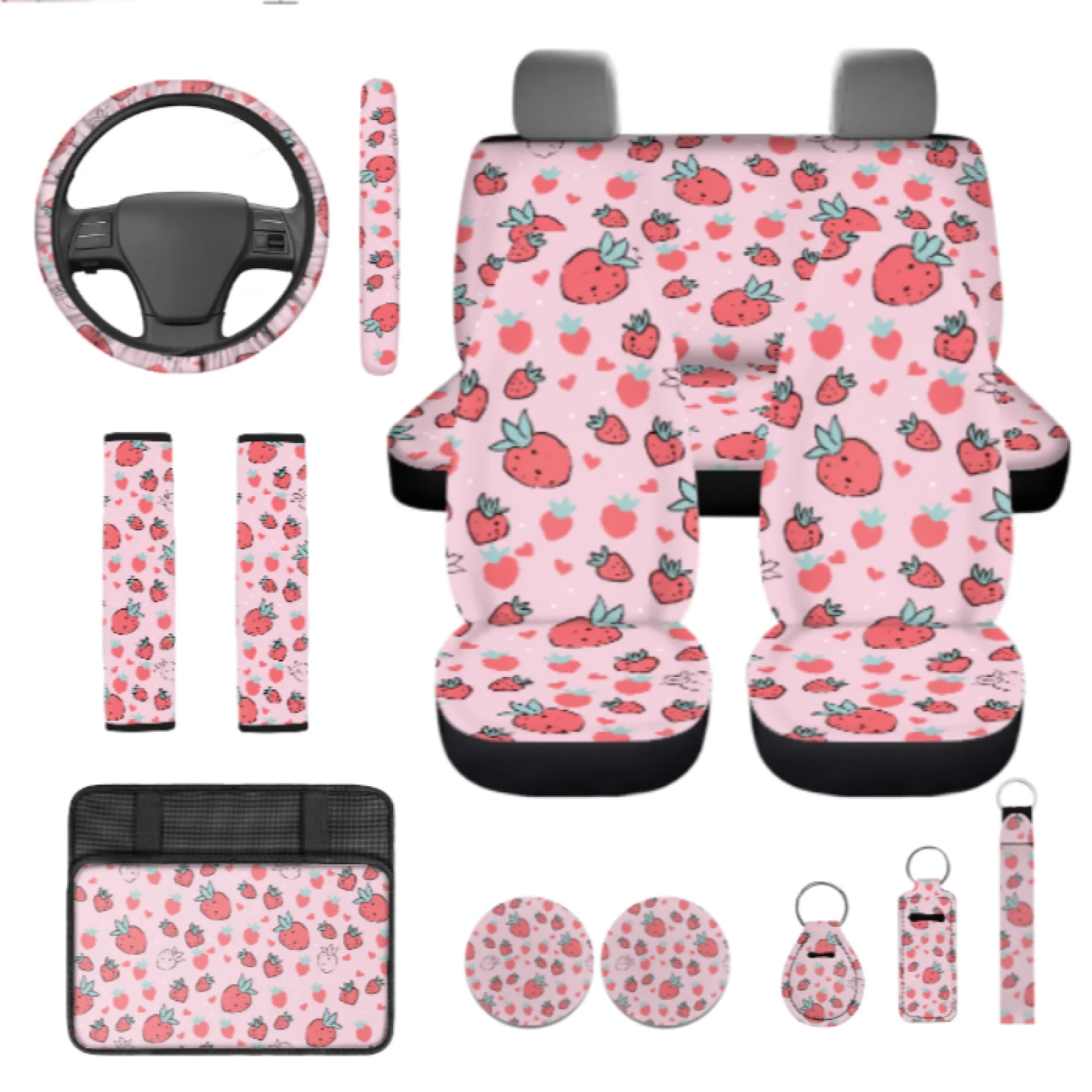 Coloranimal Strawberry Pattern 13 PCS Auto Interior Set with Scratch-Resistant Steering Wheel Protector and Seatbelt Strap Pad
