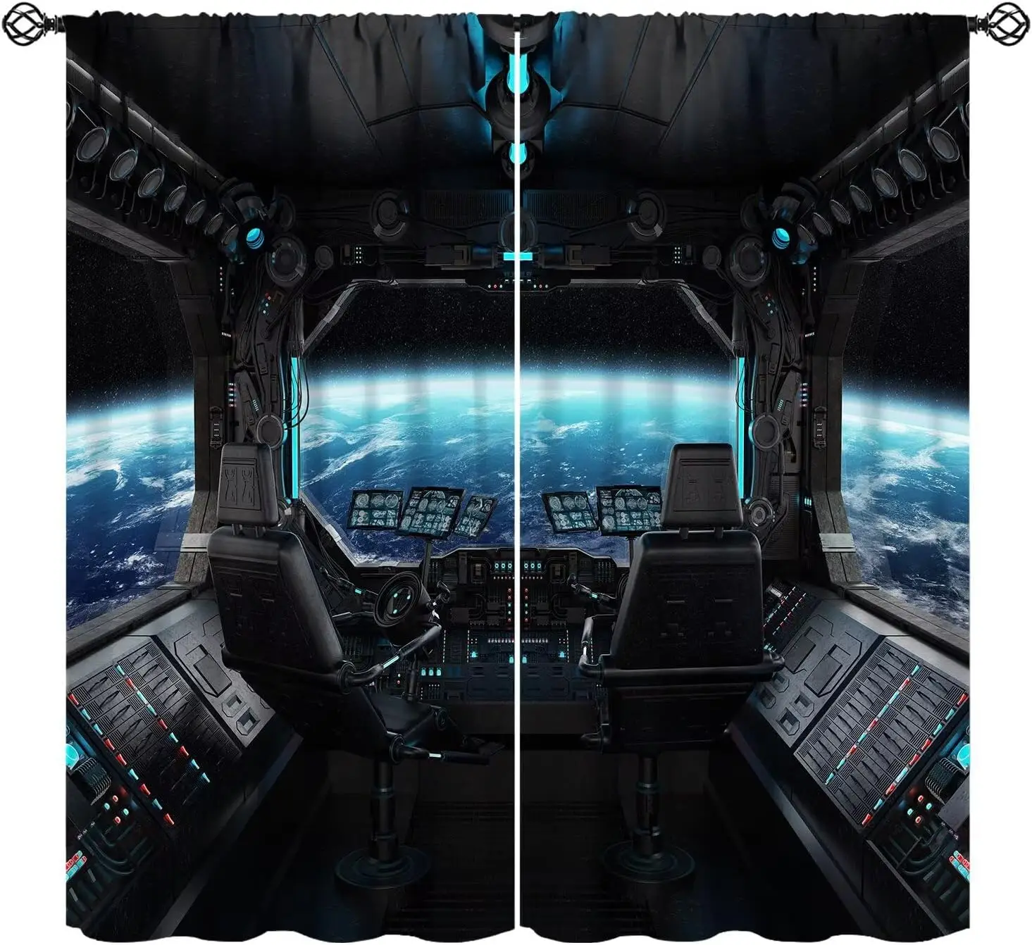 Spaceship Curtains Galaxy Futuristic Science Spacecraft Cabin Art Printed Window Drapes for Kids Boys Bedroom Decor Fabric