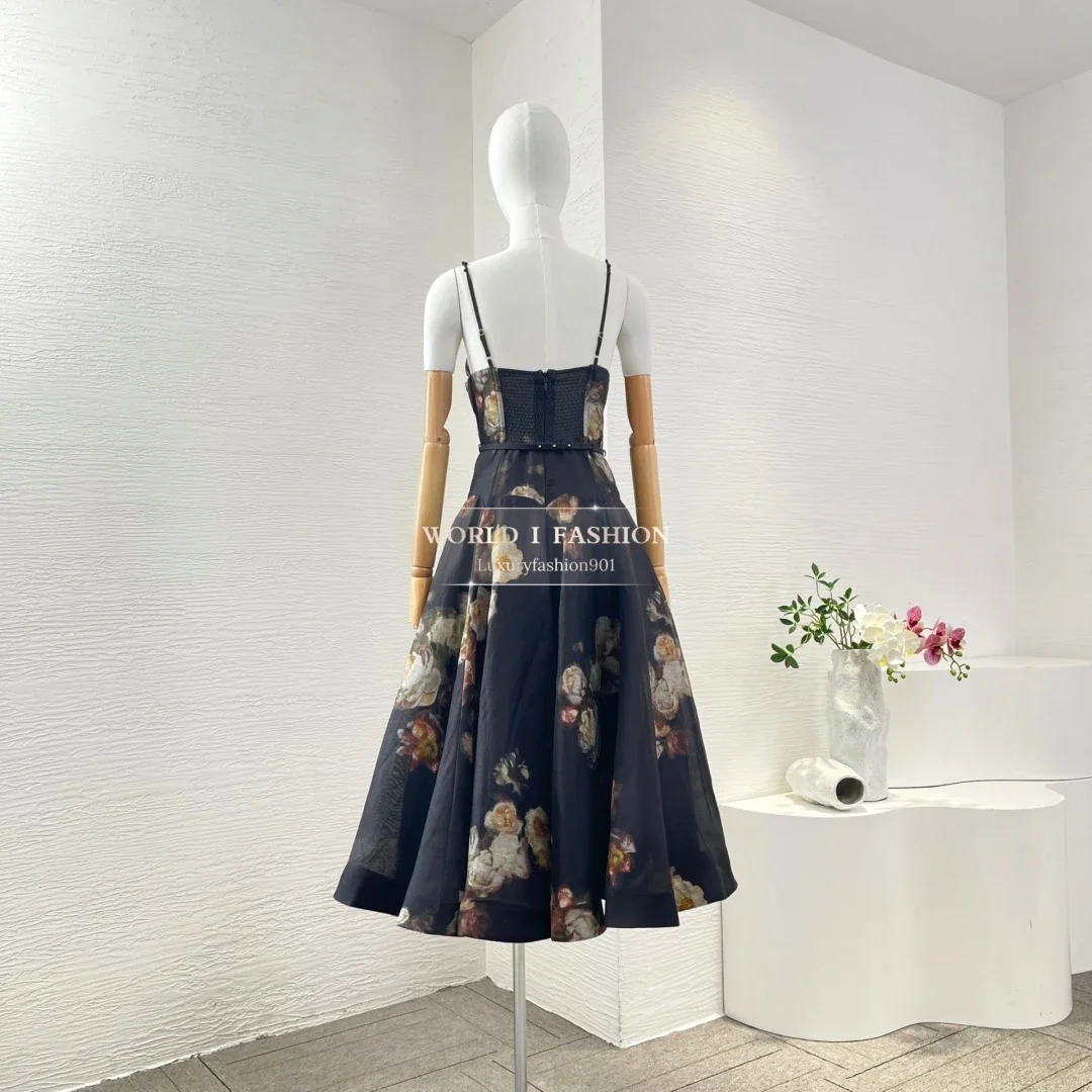 

2025 New Black New High Quality Linen Silk Women Strapless Spaghetti Midi Holiday Dress