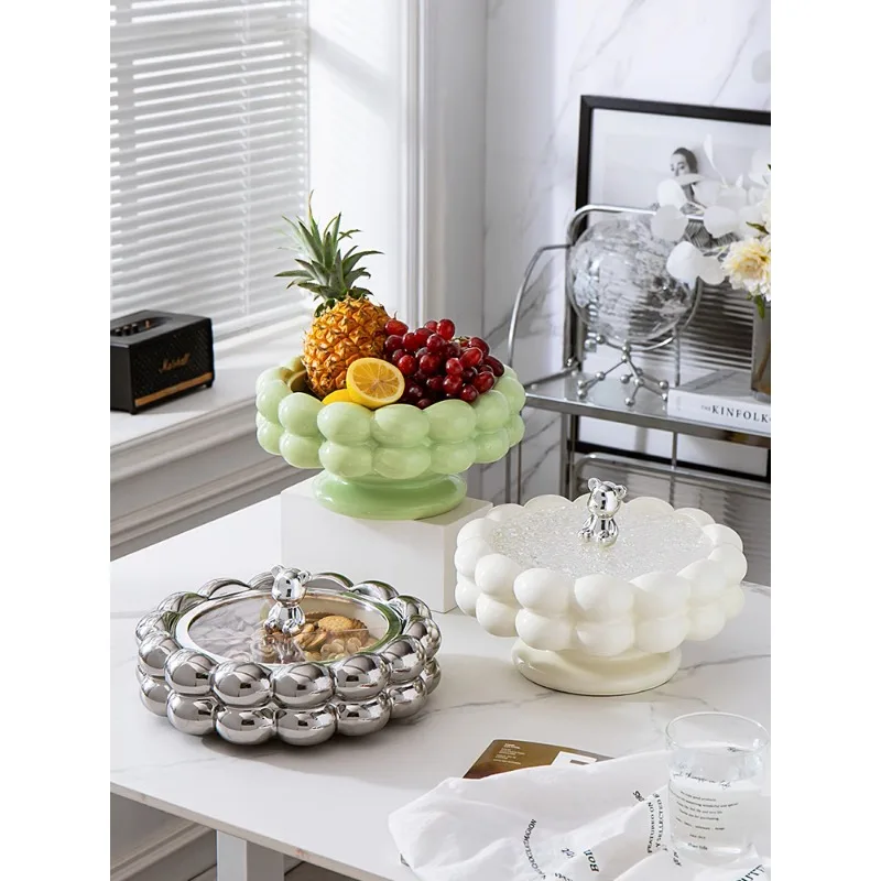 Cream air-dried fruit plate storage box grid with lid candy snack plate ceramic fruit plate light luxury high-end sense