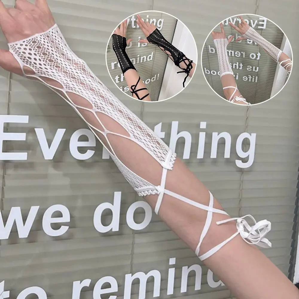 

Y2k панк кружевные рукава защита от солнца ретро кружевные летние сетчатые перчатки Лолиты солнцезащитный крем нарукавник с перекрестным ремешком