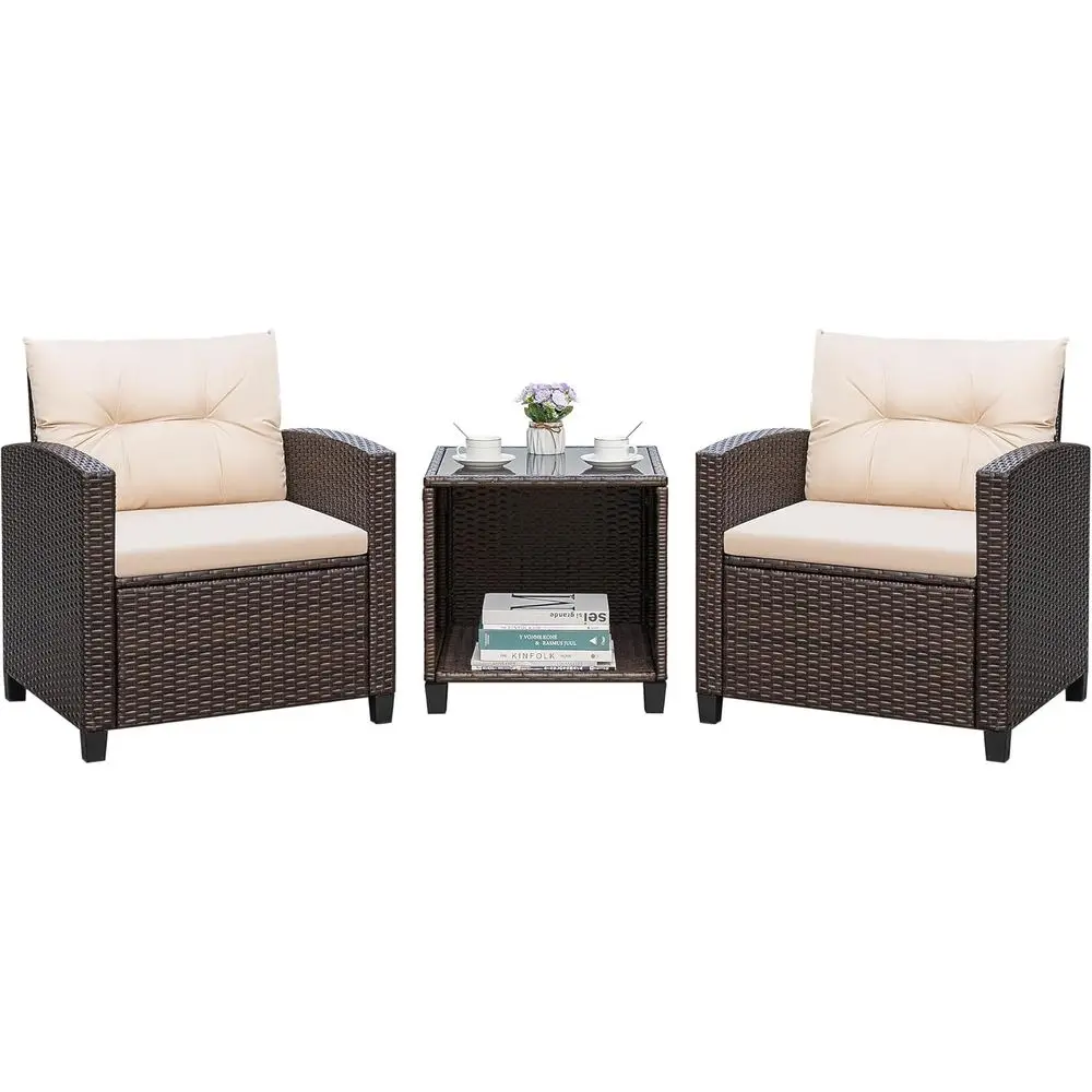 

3-Piece Outdoor PE Rattan Patio Furniture Set with Cushions and Glass Top Table for Garden, Beige