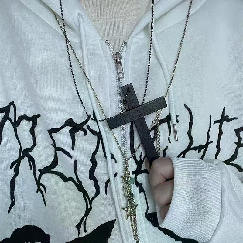Trendy Cool Punk Gothic Wood Cross Pendant Necklace For Women Men Vintage Hip Hop Necklace Party Jewelry Accessories Gifts