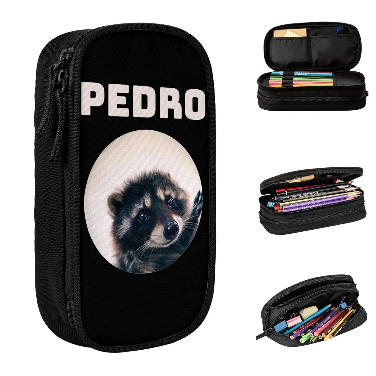 Large-capacity Pen Box Pedro Racoon Dance Popular Internet Meme School Supplies Double Layer Pencil Case Stationery Make Up Bag