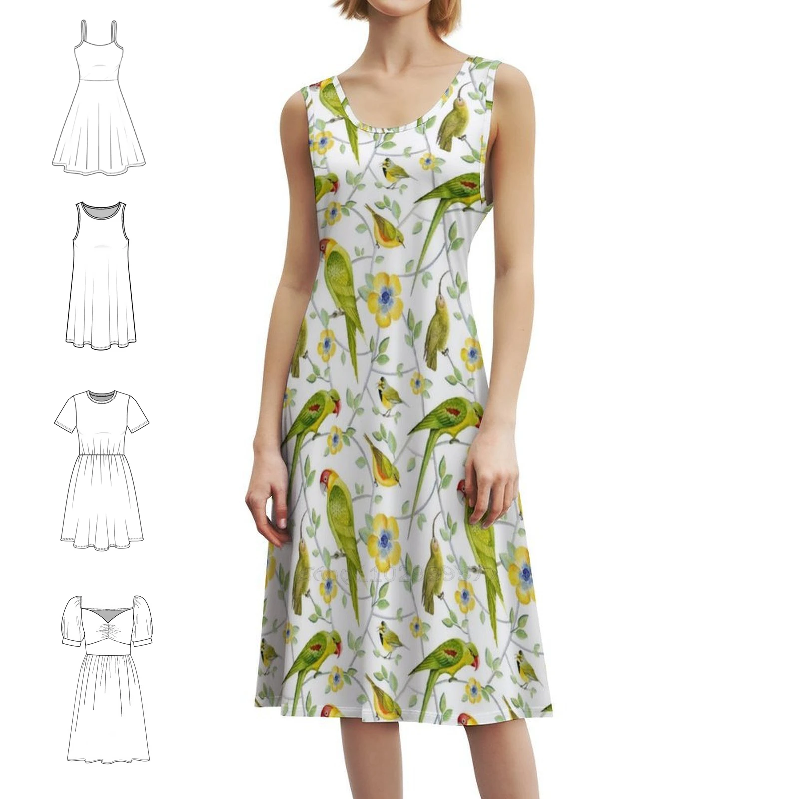 

In Paradise Gardens Birds Still Sing Women's Elegant Party Dress A-Line Dress With Short/Long/Sleeveless Options Hand Drawn