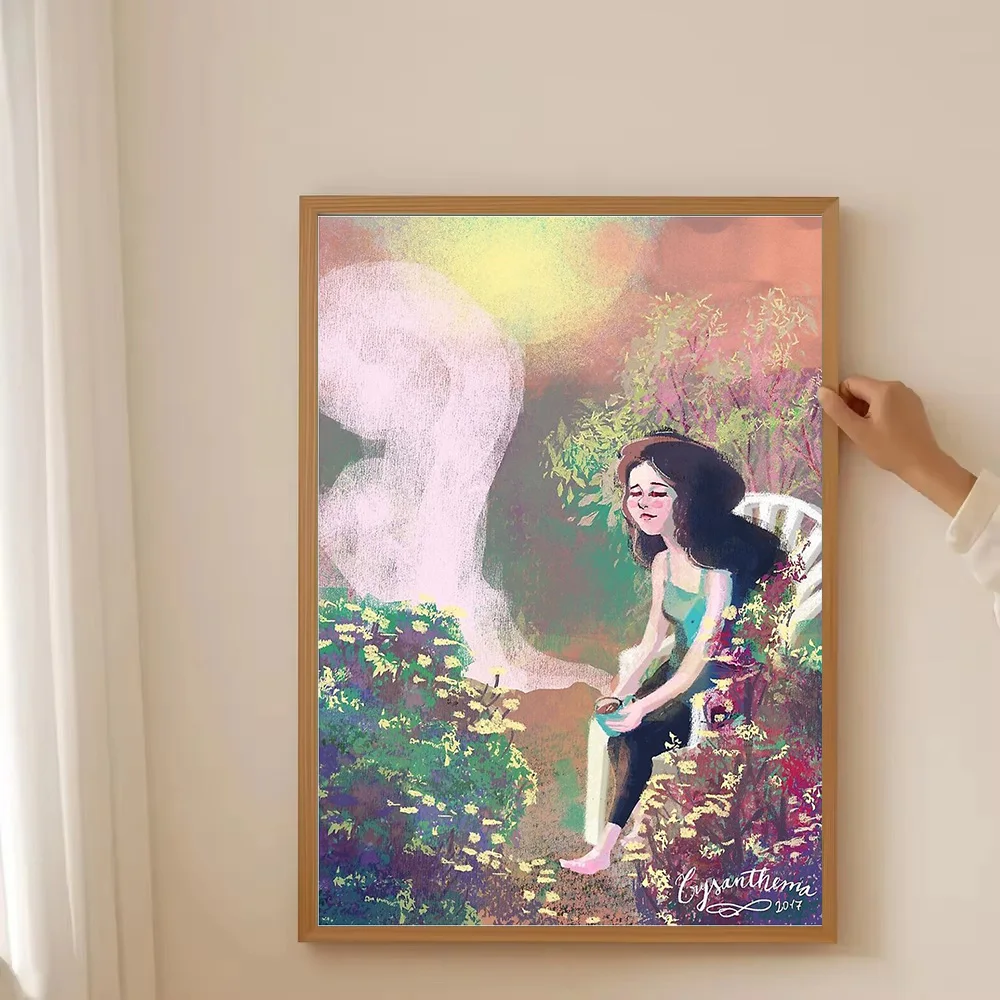 خمر قماش جدار الفن الأزهار فتاة صورة الجمالية غرفة ديكور Cottagecore ديكور المنزل المشهد اللوحة هدية #3