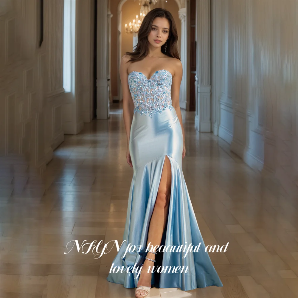 

NFYN Blue Long Stain Formal Prom Dresses Sweetheart Sleeveless Sequines Pleat Woman Evening Dresses with Side Split Customized