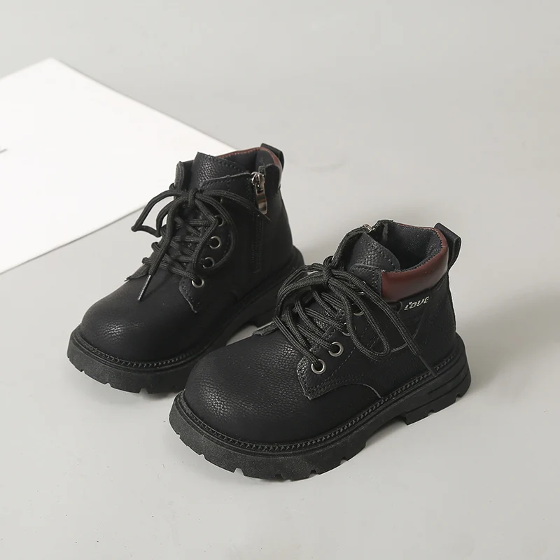 Kids Ankle Combat Boots Lace Up with Side Zipper Non Slip Thick Rubber Sole Thin Lining Outdoor Short Boots Fashion Footwear
