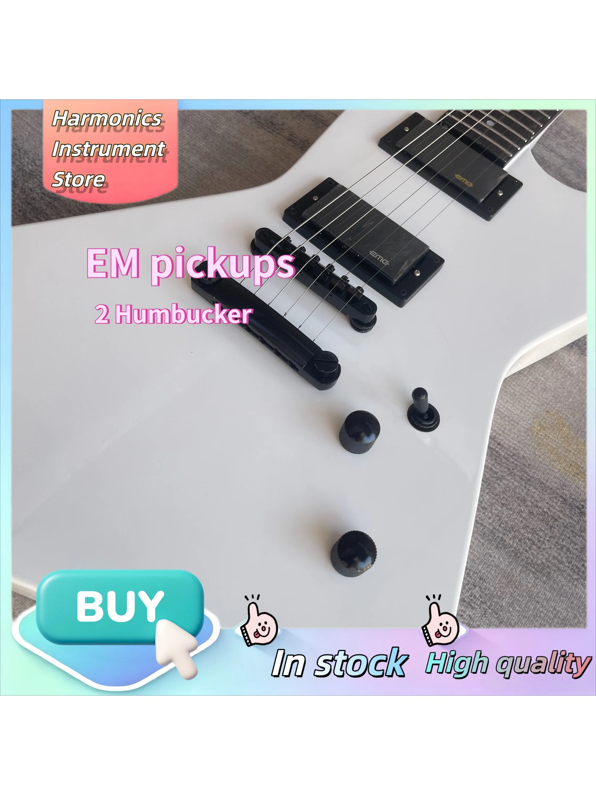 Pure White Explorer 1958 E-Gitarre mit EMG Active HH Tonabnehmern, schwarzer Hardware, viraler Bestseller, Metallgabel-Gitarre, geräuscharm