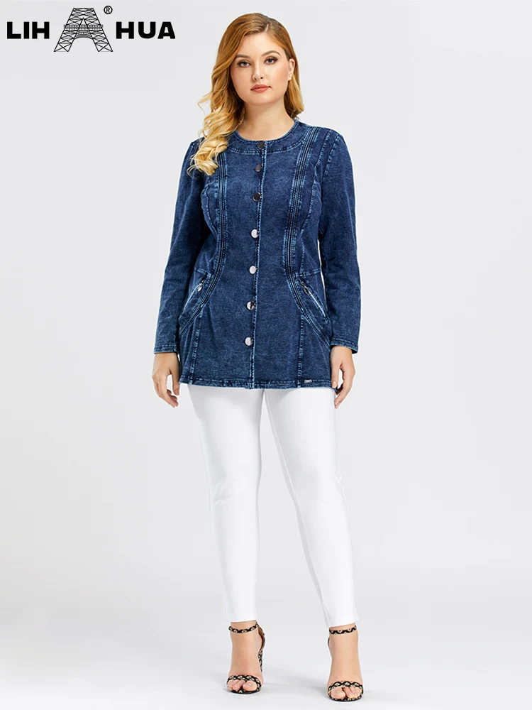 LIH HUA feminino plus size denim jaqueta outono alta elasticidade algodão malha manga longa casual moda jaqueta