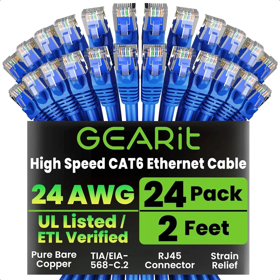 

GearIT Cat 6 Ethernet Cable Pack 24Pack 2 ft Cat6 Ethernet Patch Cables RJ45 Network Patch Cable 10 Gbps Snagl GoldPlated Conne