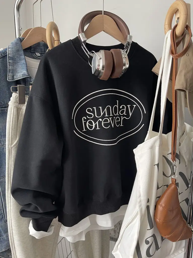 Sudadera holgada y versátil con cuello redondo simple y letras en inglés para mujer, ropa informal de moda coreana, tops y2k emo