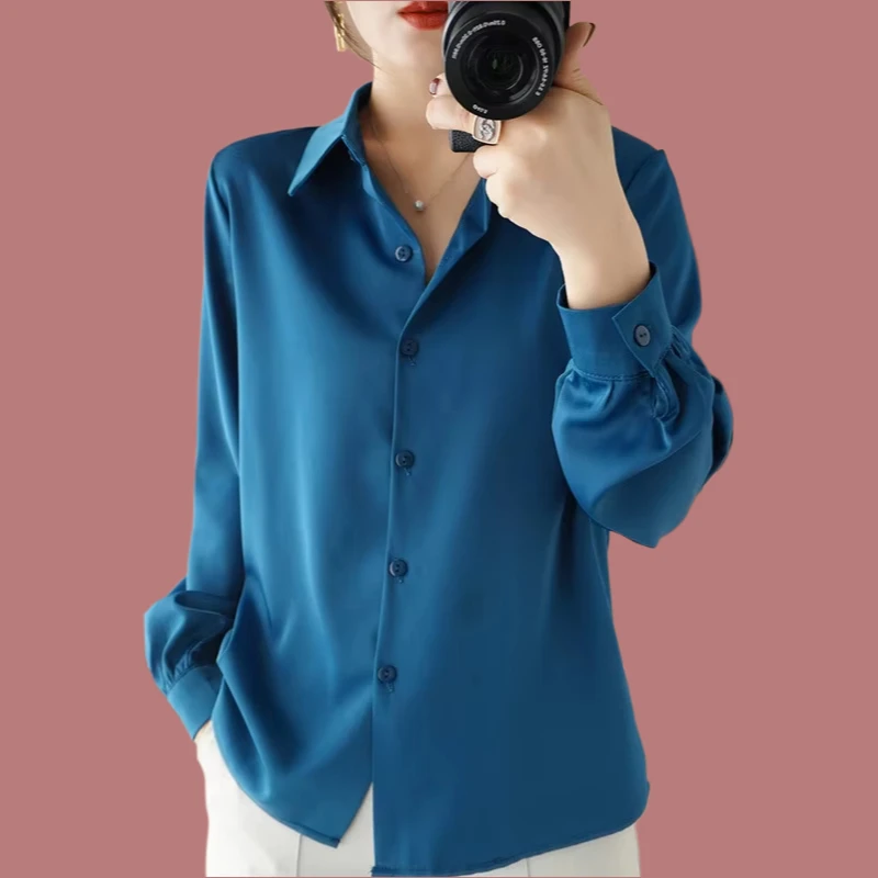 2025 Summer Women's Satin Blouse Long Sleeve Loose Thin Shirts Silk Office Lady Top Acetate Solid Color Turn-down Collar Shirt