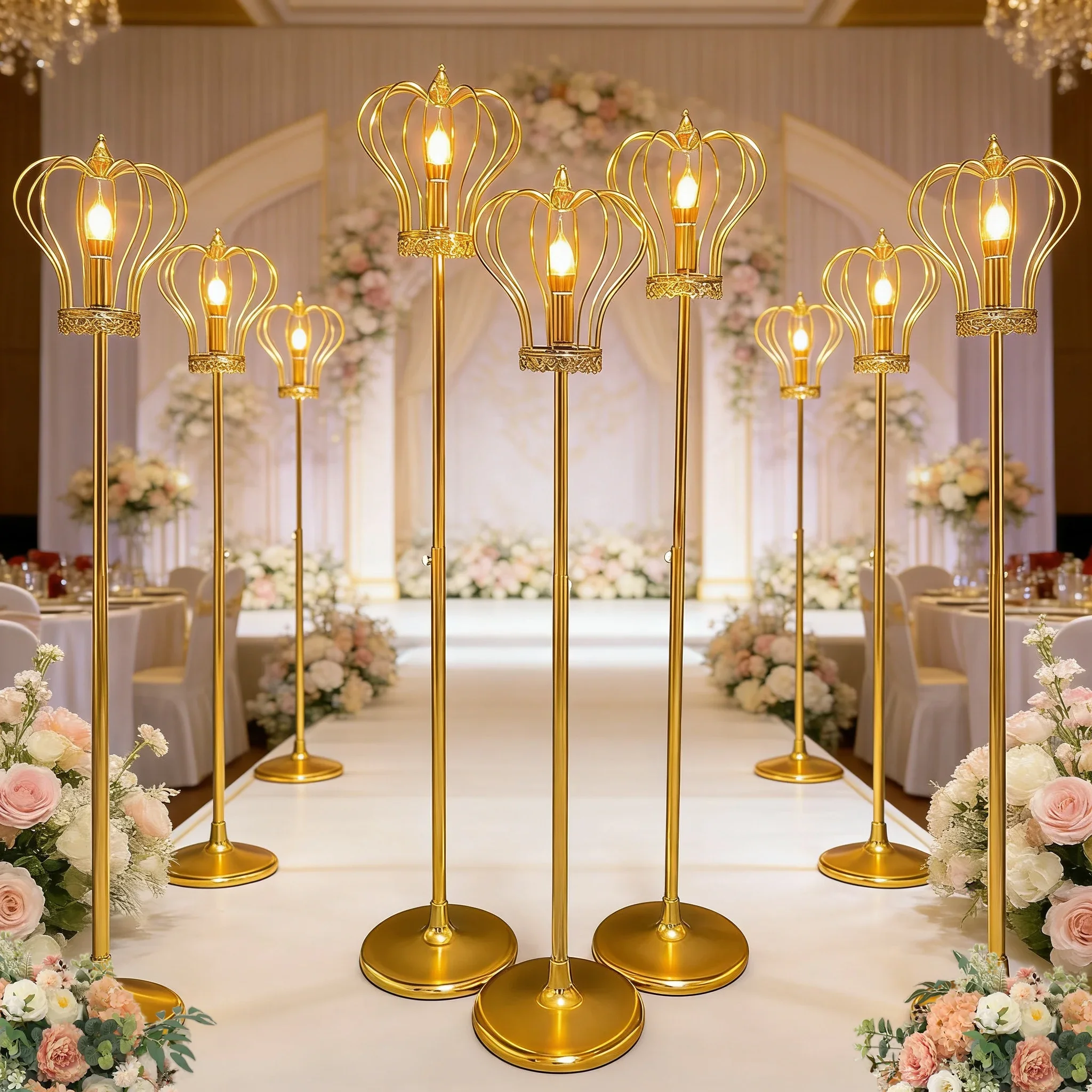 New Golden Electroplated Iron Wedding Props Path Light Flower Stand Crown Glowing Road Light Guide