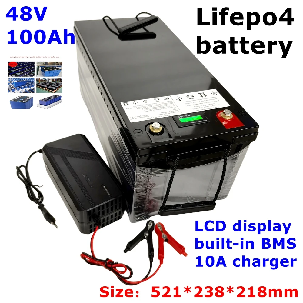 

HS-Batterie au lithium LiFePO4 avec BMS, scooter de stockage d'énergie solaire, tricycle, caddie de golf, charger 10A, 48V 100ah