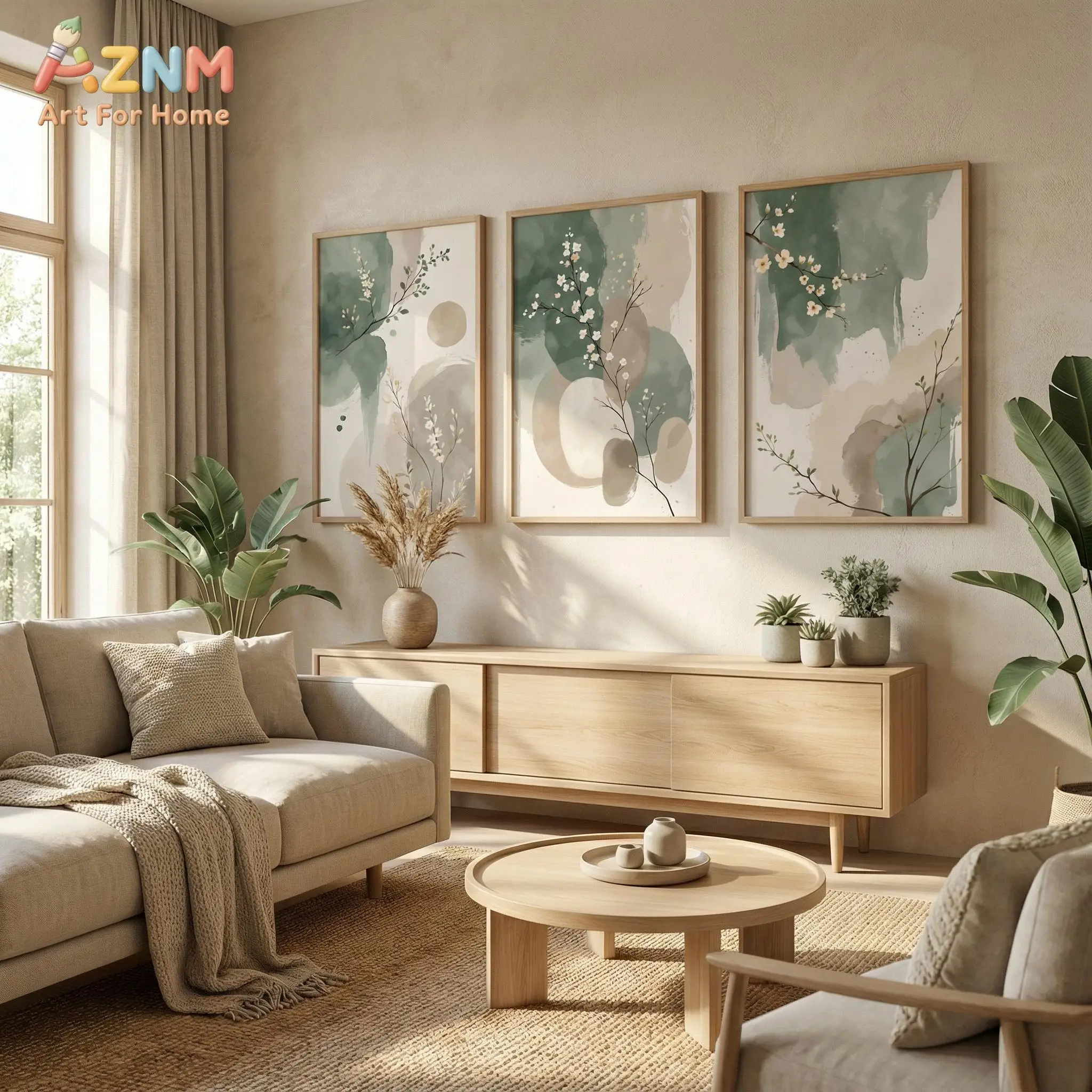 3pcs AZMIN Sage Green Botanical Canvas Wall Art, Minimalist Watercolor Plant Branch & Abstract Color Block Poster, Neutral Tone