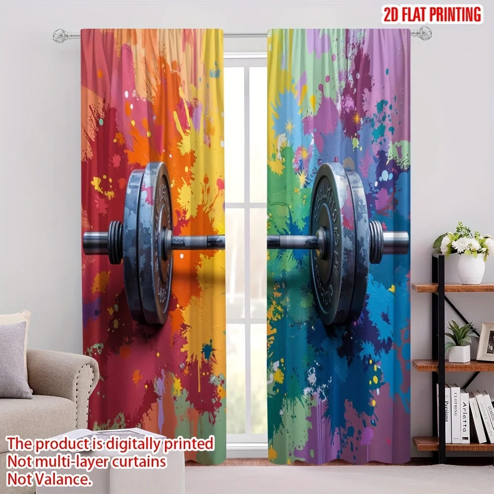 Fitness Barbell Curtain, Colorful Paint Splash Window Drape, Gym Workout Blackout Panel, Sports Room Home Decor