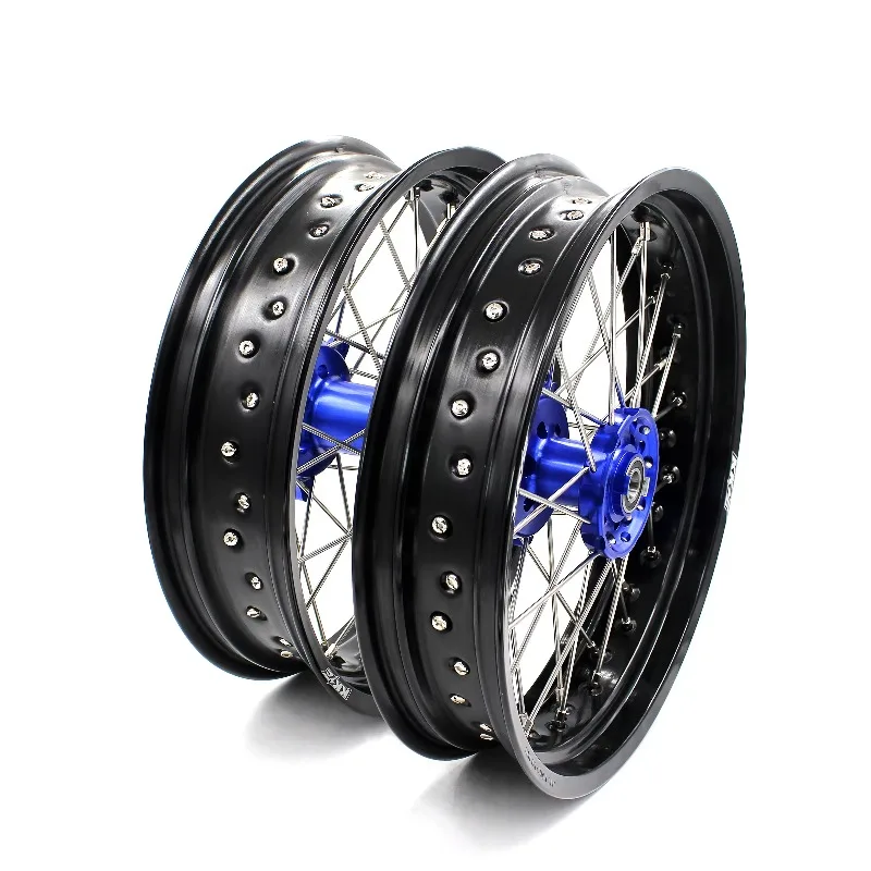 

【2025】 17 Inch Supermoto Wheels Rims Set For YAMAHA WR250F 2001-2019 WR450F 2003-2018 Blue Hubs Black Rims