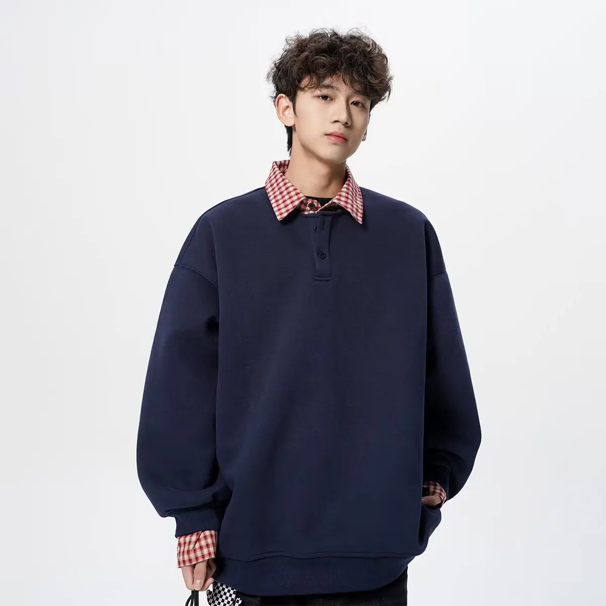 

Мужской свитшот-пуловер 2-в-1 с длинным рукавом, в клетку, в стиле преппи, простой повседневный, корейский свободный крой, весенняя новинка, с отложным воротником