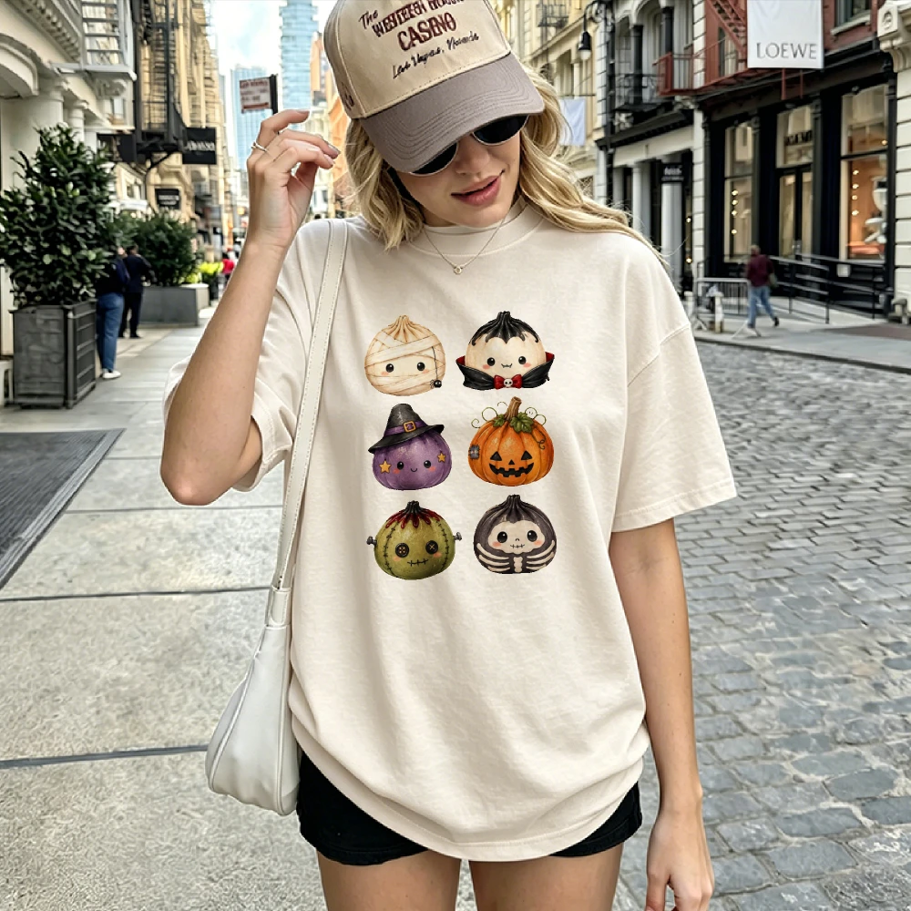 Halloween Cute Bao Dumpling Monster Vampire Witch Pumpkin Mummy Skeleton Graphic T Shirt Kawaii Spooky Character Print Gift Tees