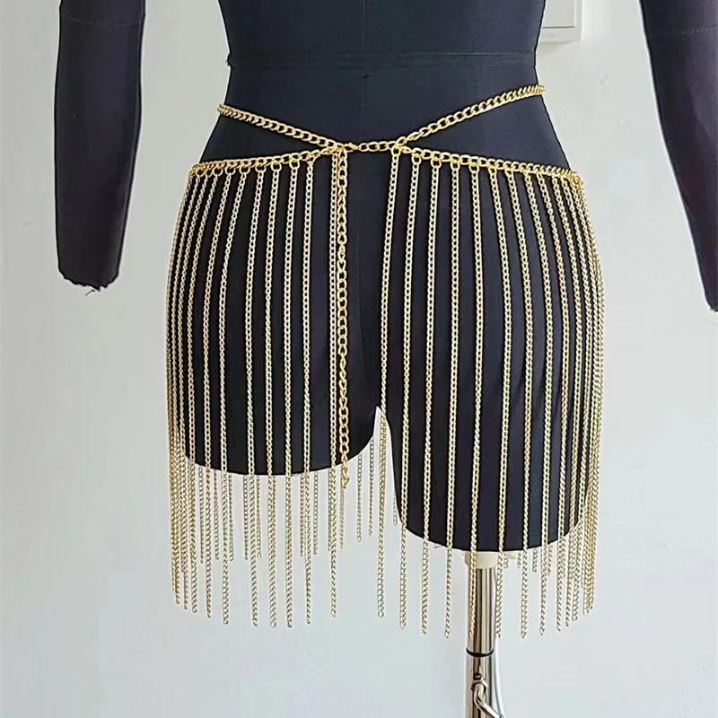 Damen Y2K Sommer-Minirock mit Metall-Pailletten, Glitzer-Strass und Quasten-Taillenkette für Festival, Rave und Nachtclub – Detail 8
