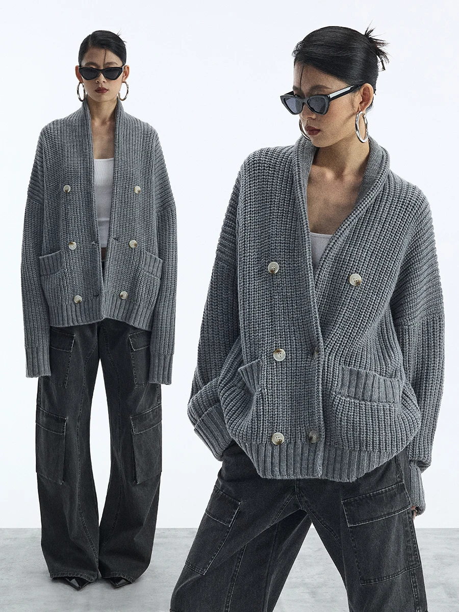 

Ourhour ey Large ket V-ne Double Button Knitted Open Cardigan Women's Design Sensation Sweater Loose Fit Long Sve