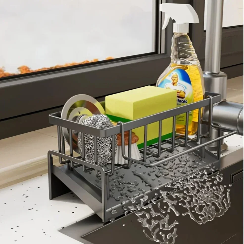 

Drill-Free Sink Organizer Multi-Use Sponge Soap Holder Draining Rack for Kitchen Countertop Storage Waterproof Shelf