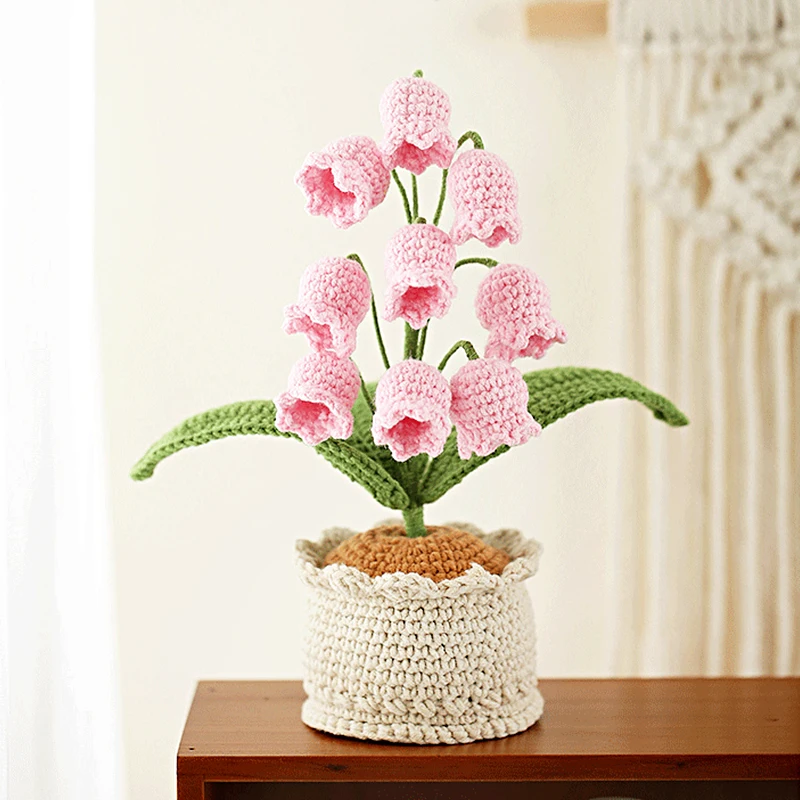 اليدوية الأنيقة الزهور الاصطناعية الكروشيه محبوك الزنابق وادي زهرة بوعاء منضدية غرفة ديكور حلية هدية الزفاف #6