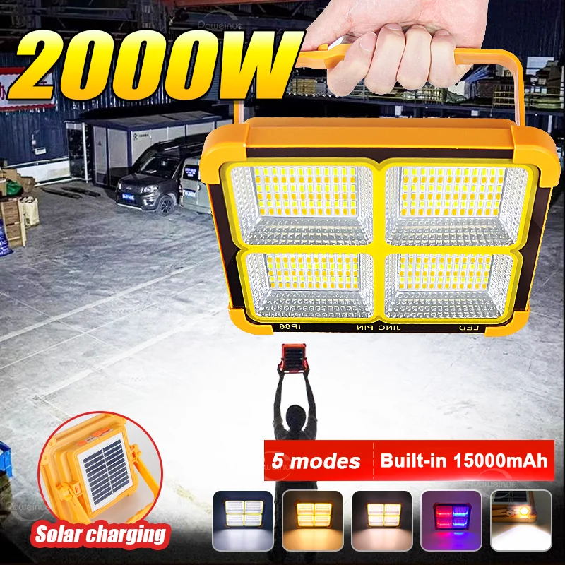 Built-in 15000mAh Rechargeable Solar Flood Light Outdoor Portable LED Reflector Spotlight Suspension Lighting Construction Lamp