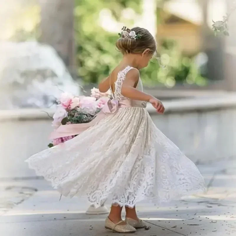 Flower Girl Dress Ivory Lace Backless Pink Belt Bow Baby Girl Birthday Party Wedding First Communion Holiday Dress