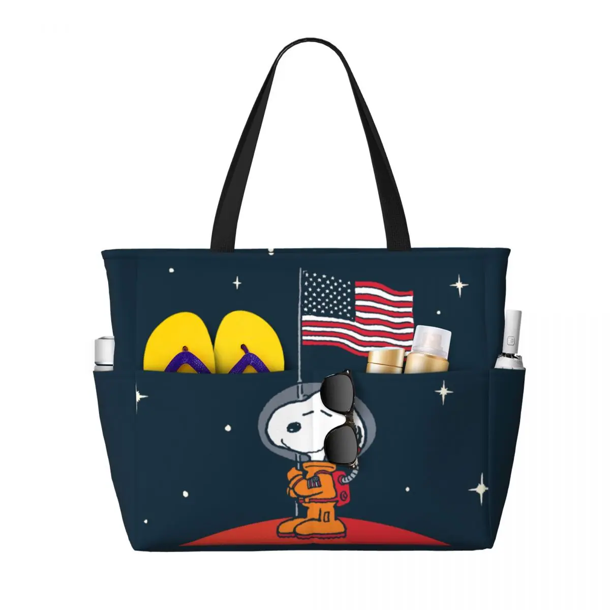 Custom American Astronaut Snoopy Beach Tote Bag for Women Beagle Dog Large Compartment Gym Beach Travel Bags