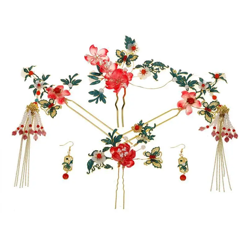 Chinese Hanfu Style Girls Floral Hair Accessories Set Tassel Hair Pins Combs Side Clips Earrings For Stage Performance Cosplay