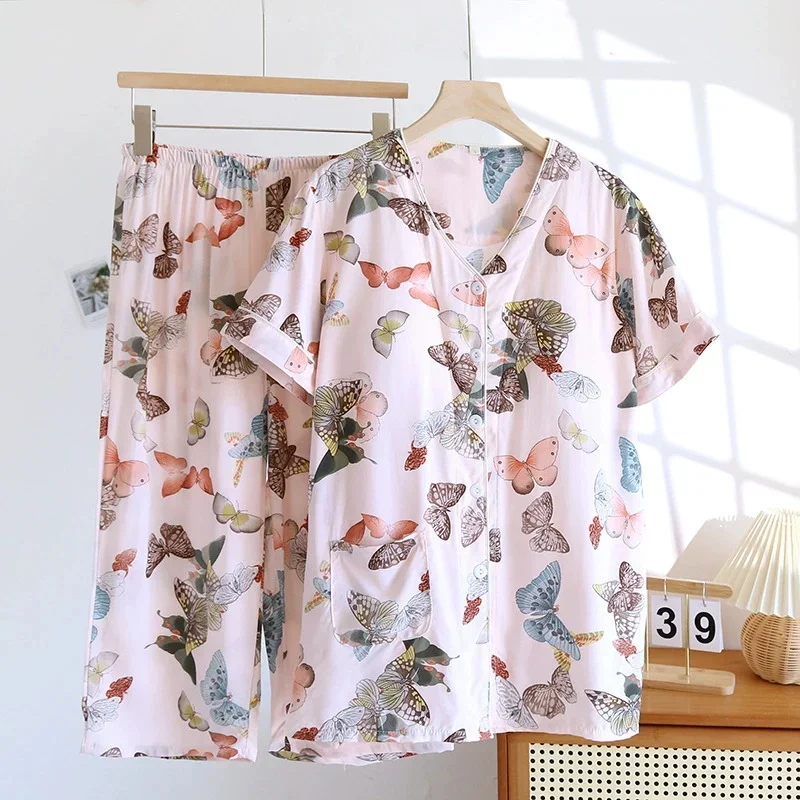 

Женский летний костюм с нагрудными подушечками, одежда для сна с короткими рукавами, тонкий принт, женские пижамы, комплект нижнего белья, домашняя одежда, пижама